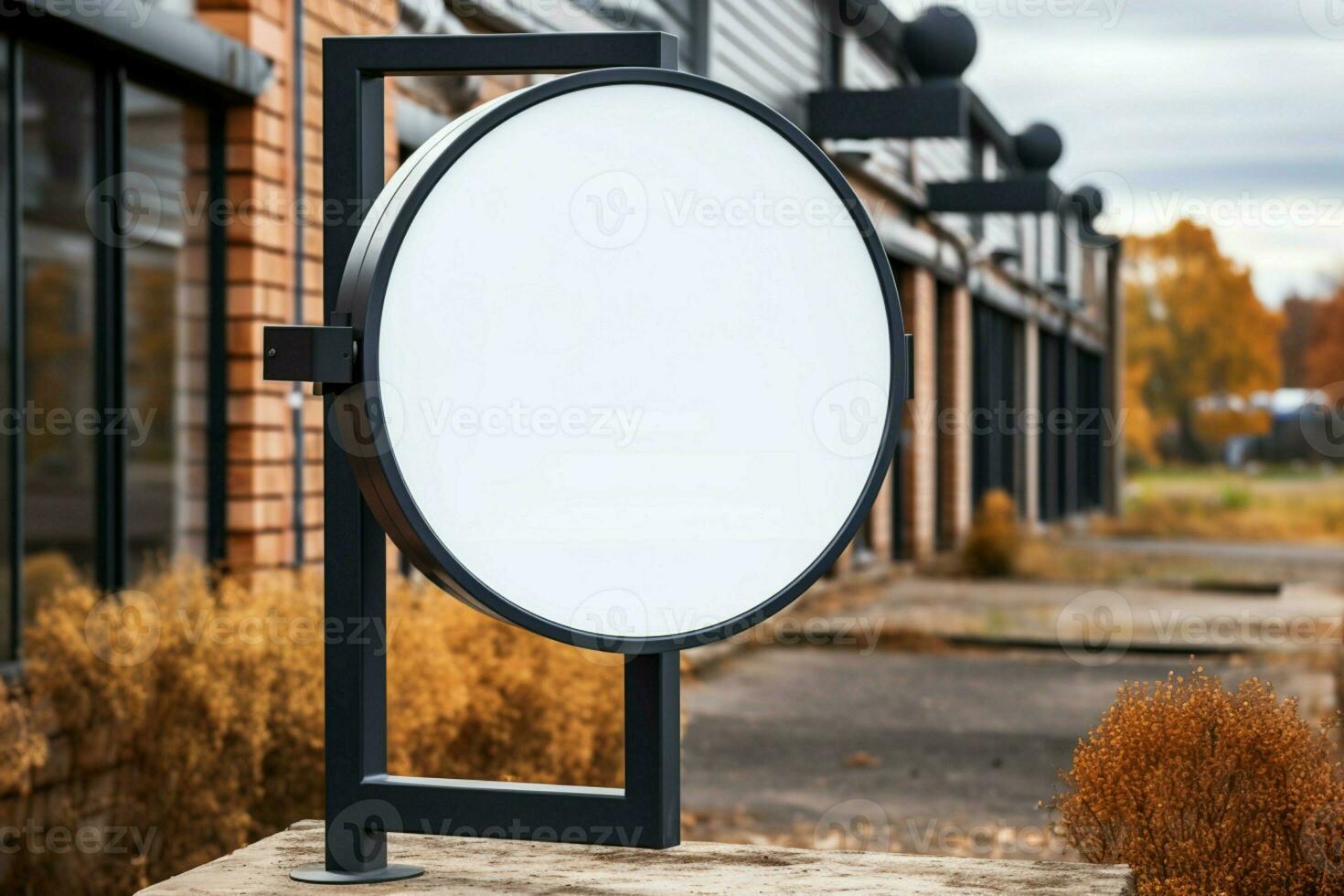 AI generated Company branding in focus with a round white sign mockup in a country city AI Generated photo