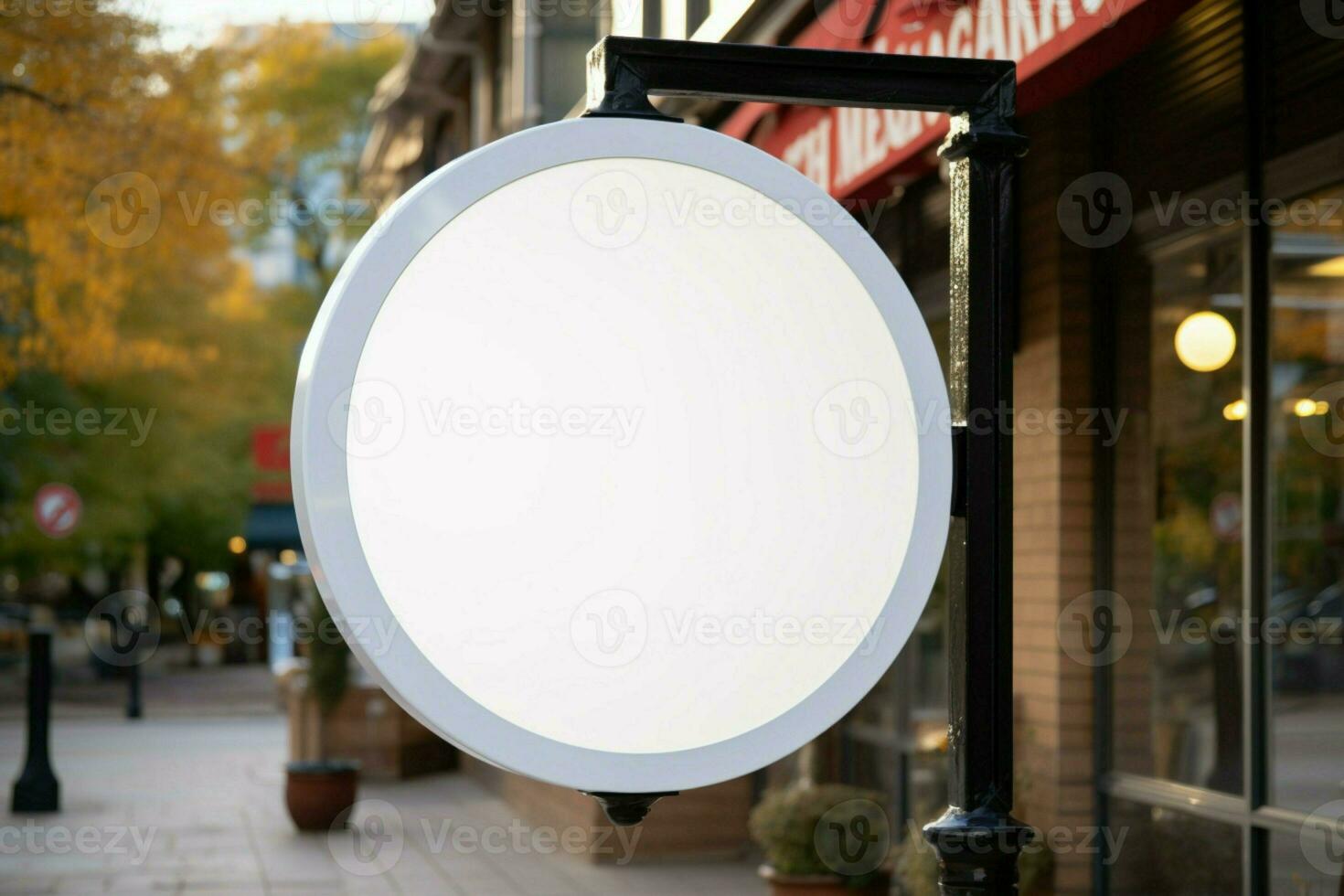 AI generated Company branding in focus with a round white sign mockup in a country city AI Generated photo