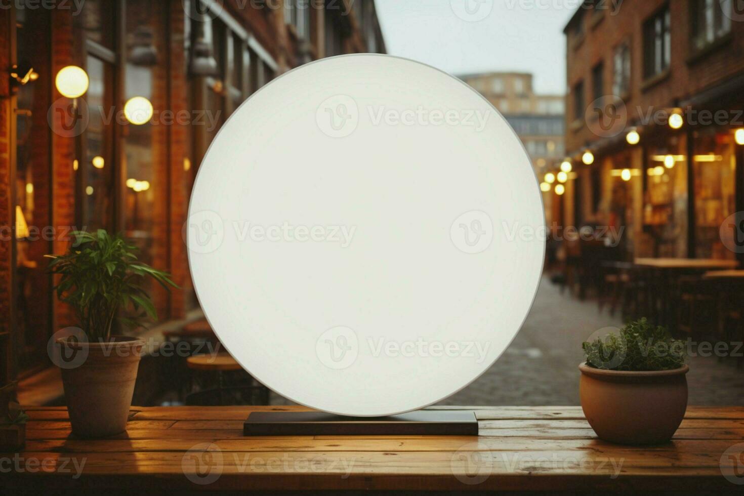 AI generated Company branding in focus with a round white sign mockup in a country city AI Generated photo