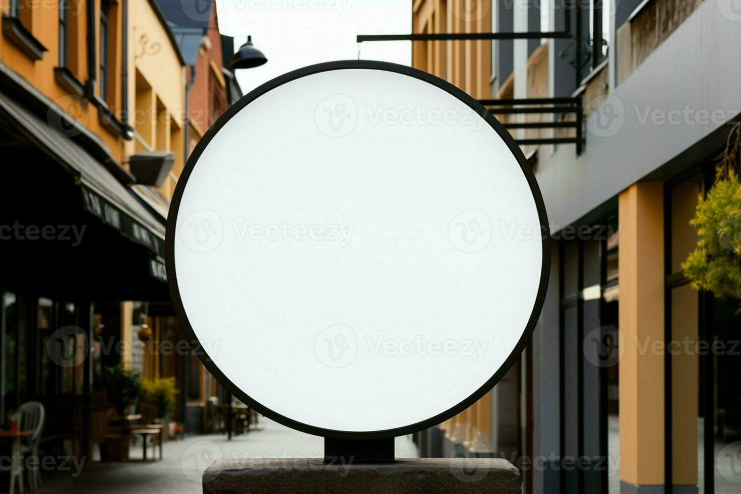 AI generated Company branding in focus with a round white sign mockup in a country city AI Generated photo