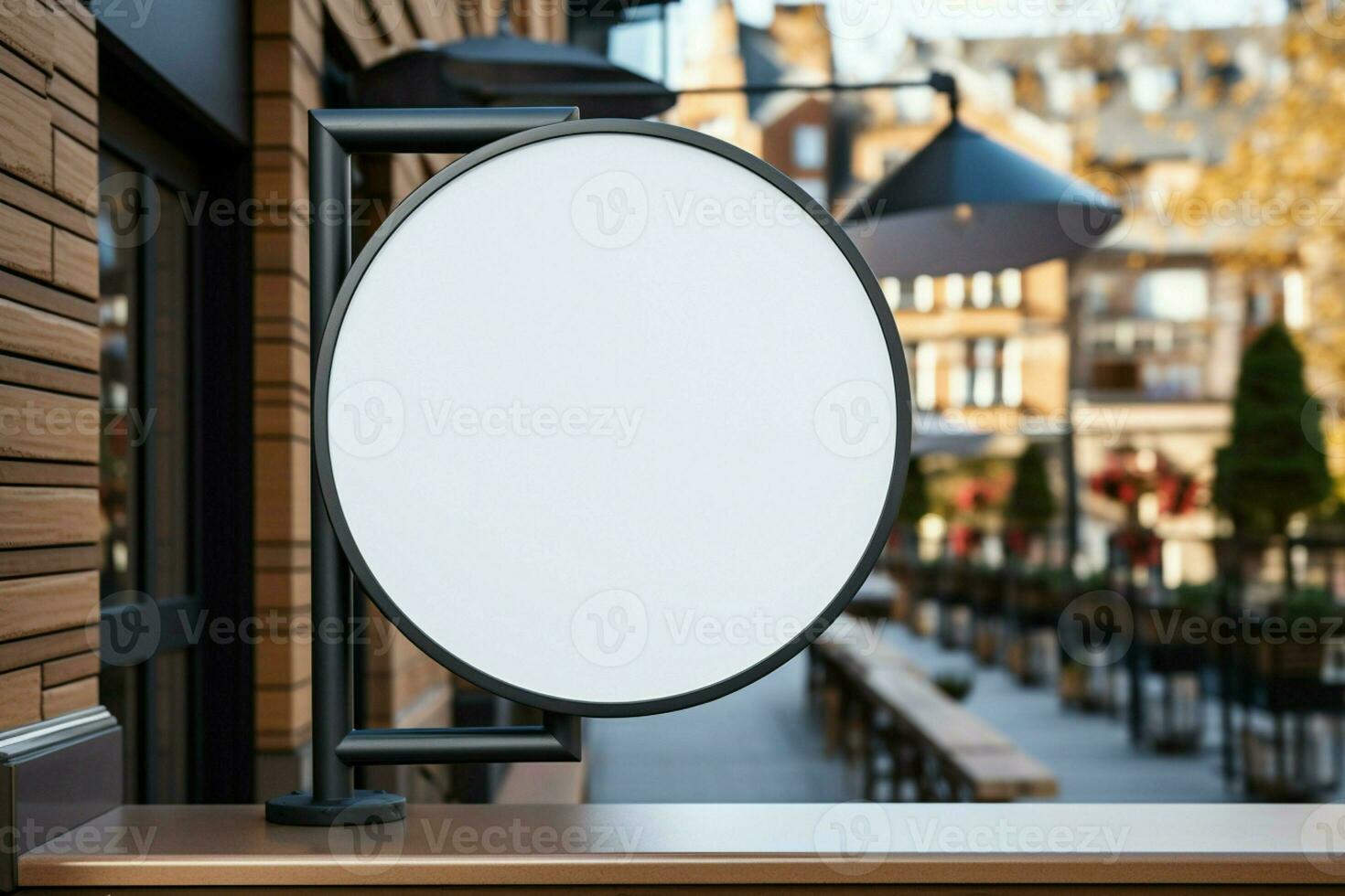 AI generated Company branding in focus with a round white sign mockup in a country city AI Generated photo