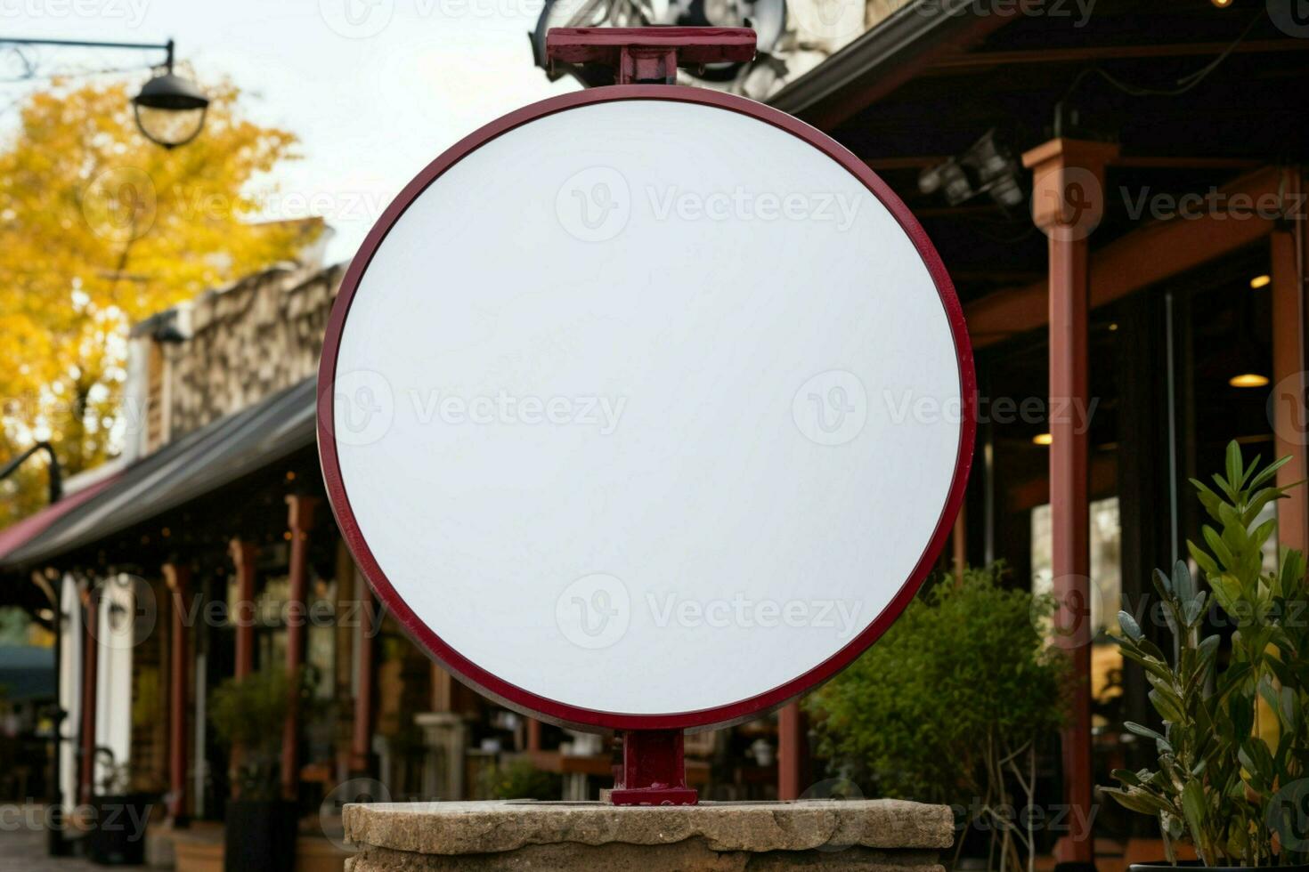 AI generated Company branding in focus with a round white sign mockup in a country city AI Generated photo