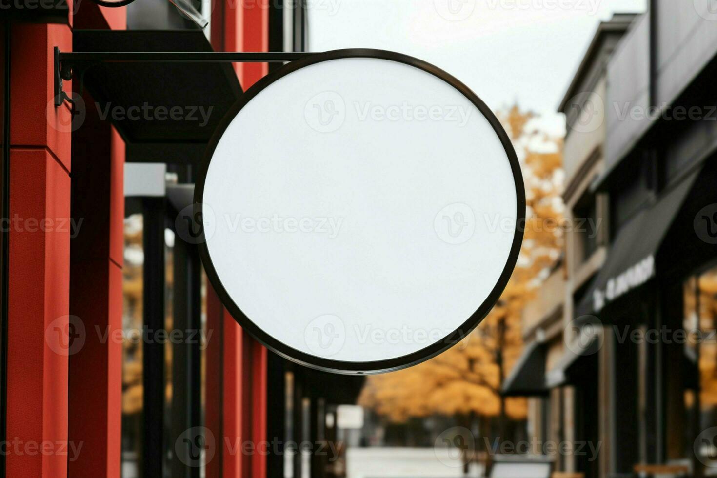AI generated Company branding in focus with a round white sign mockup in a country city AI Generated photo