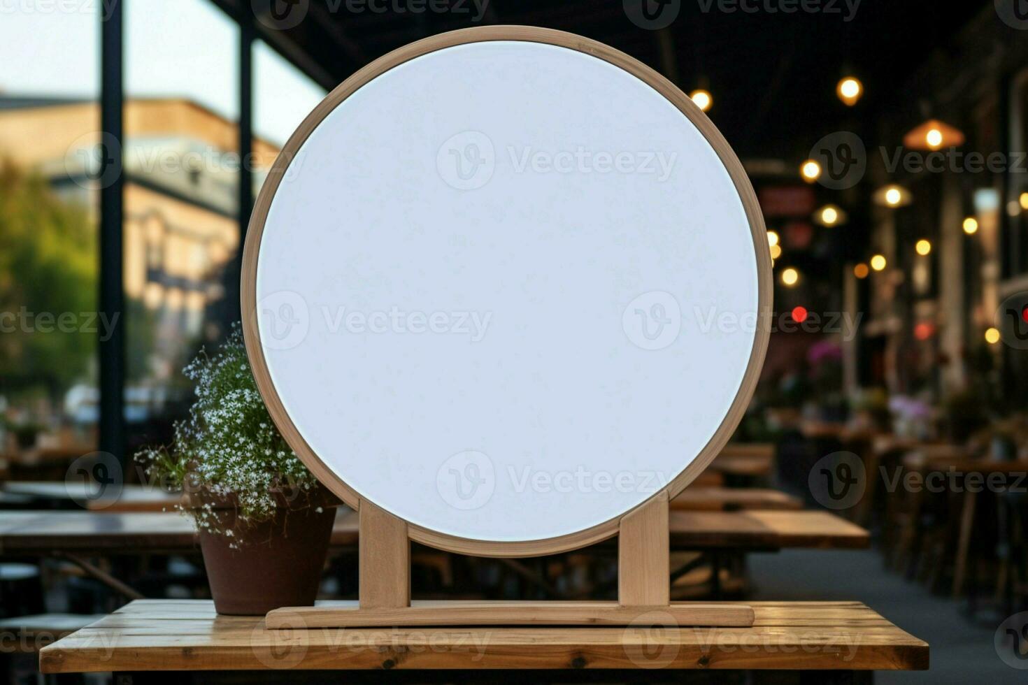 AI generated Company branding in focus with a round white sign mockup in a country city AI Generated photo