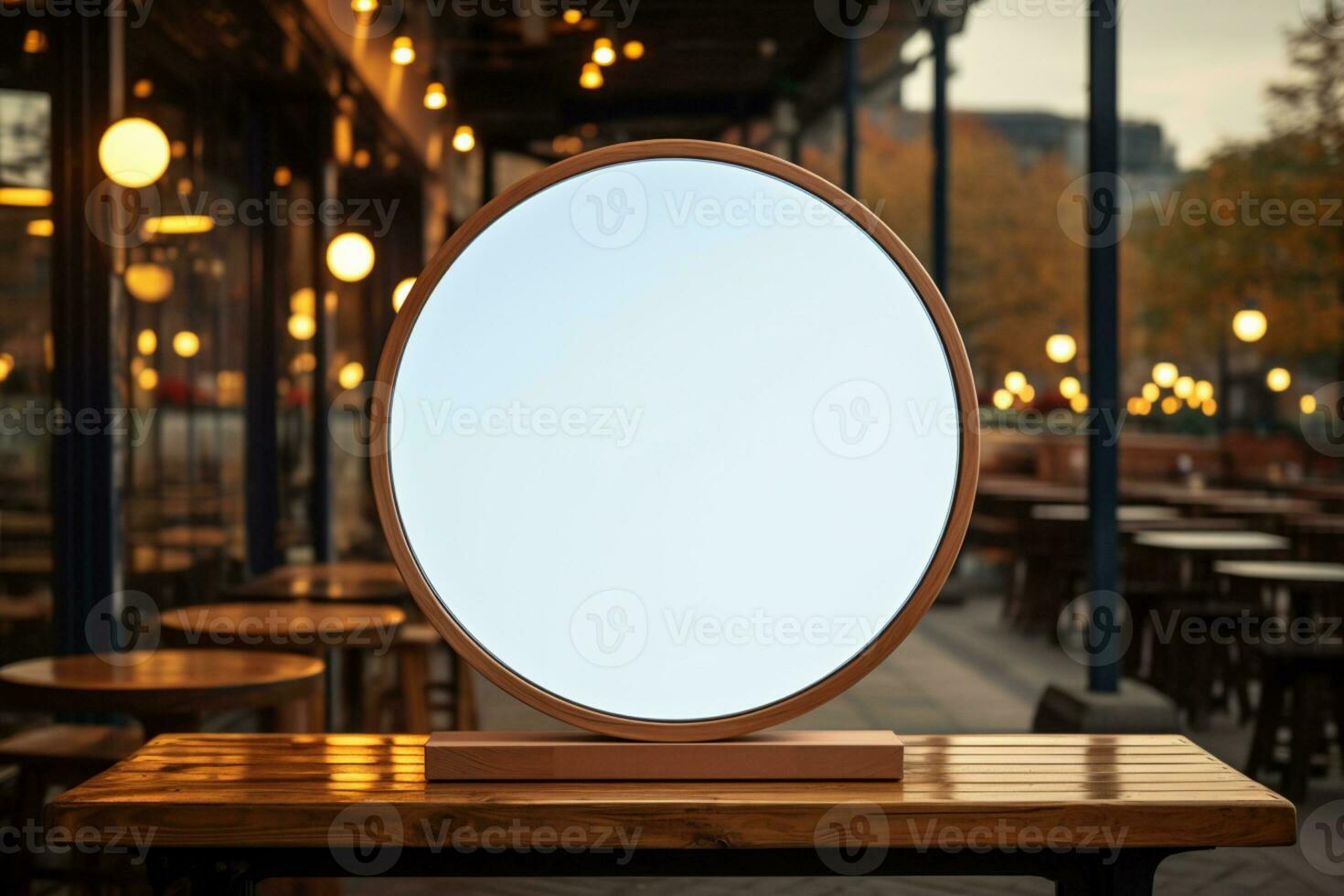 AI generated Company branding in focus with a round white sign mockup in a country city AI Generated photo