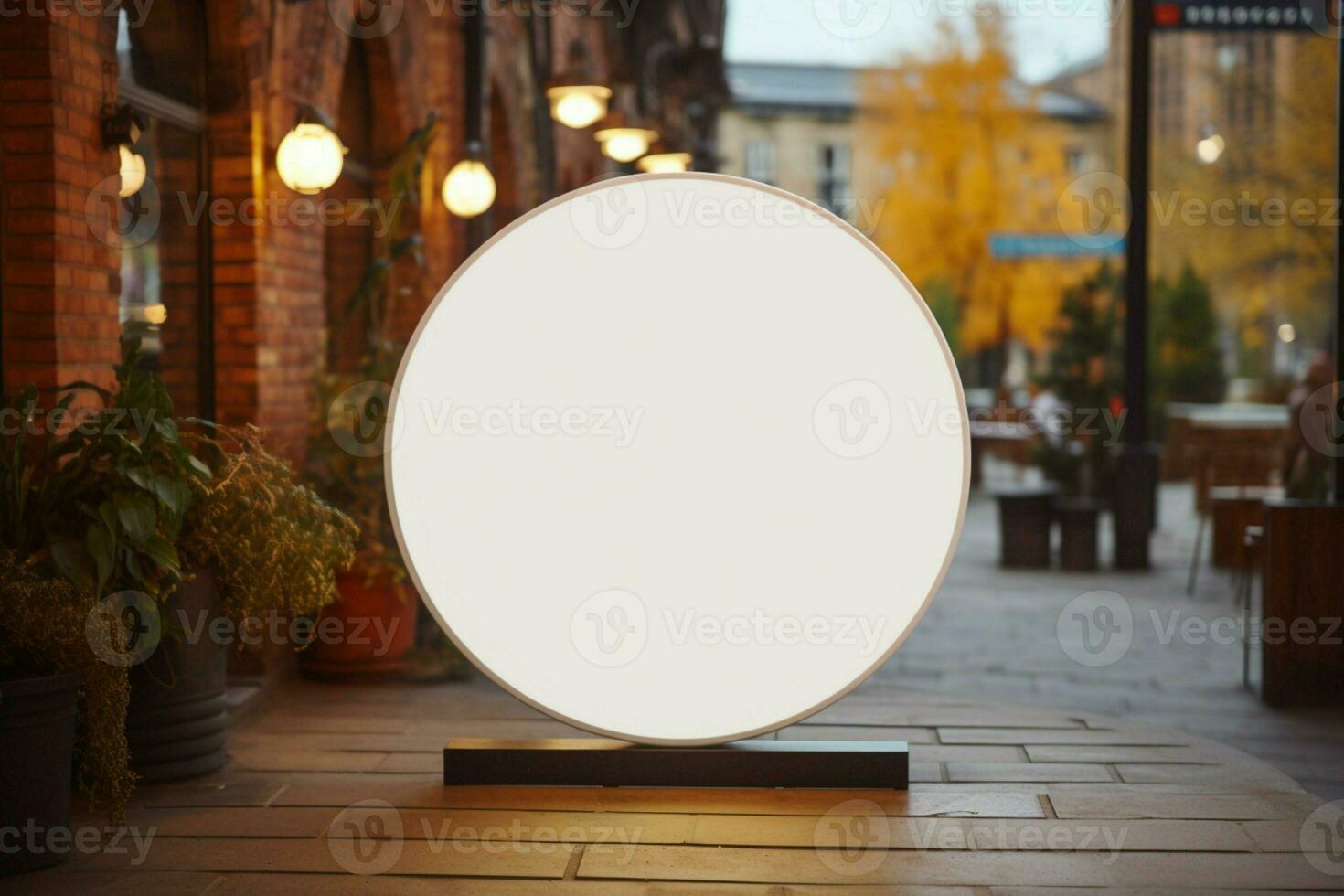 AI generated Company branding in focus with a round white sign mockup in a country city AI Generated photo