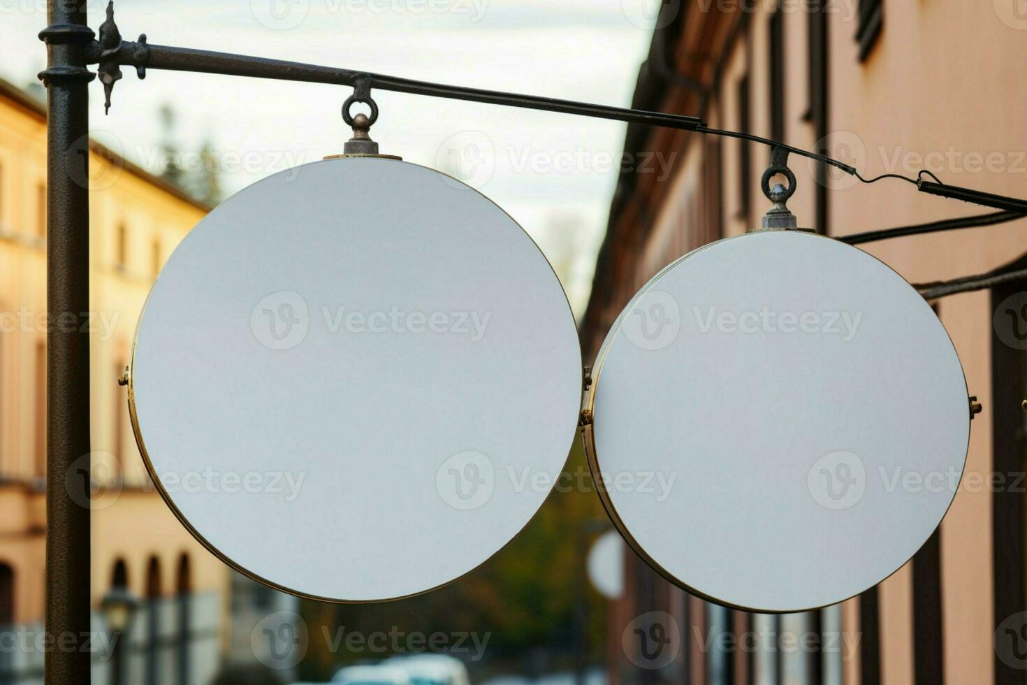 AI generated Company branding in focus with a round white sign mockup in a country city AI Generated photo