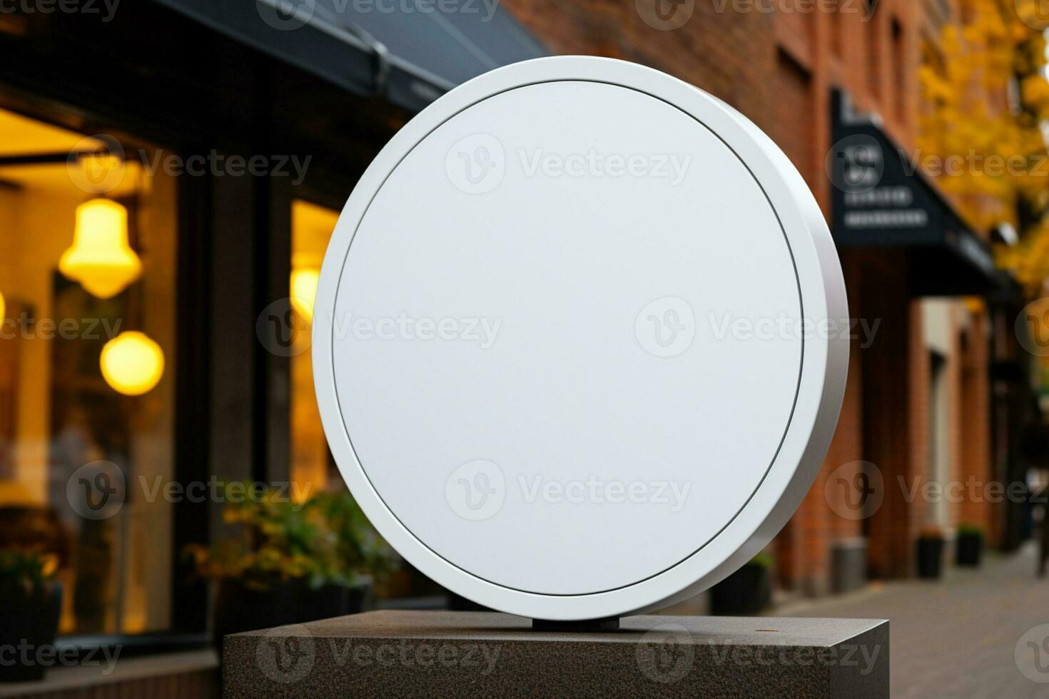 AI generated Company branding in focus with a round white sign mockup in a country city AI Generated photo