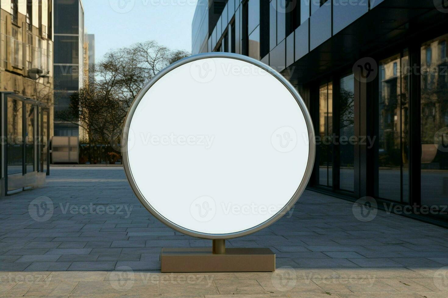 AI generated Company branding in focus with a round white sign mockup in a country city AI Generated photo