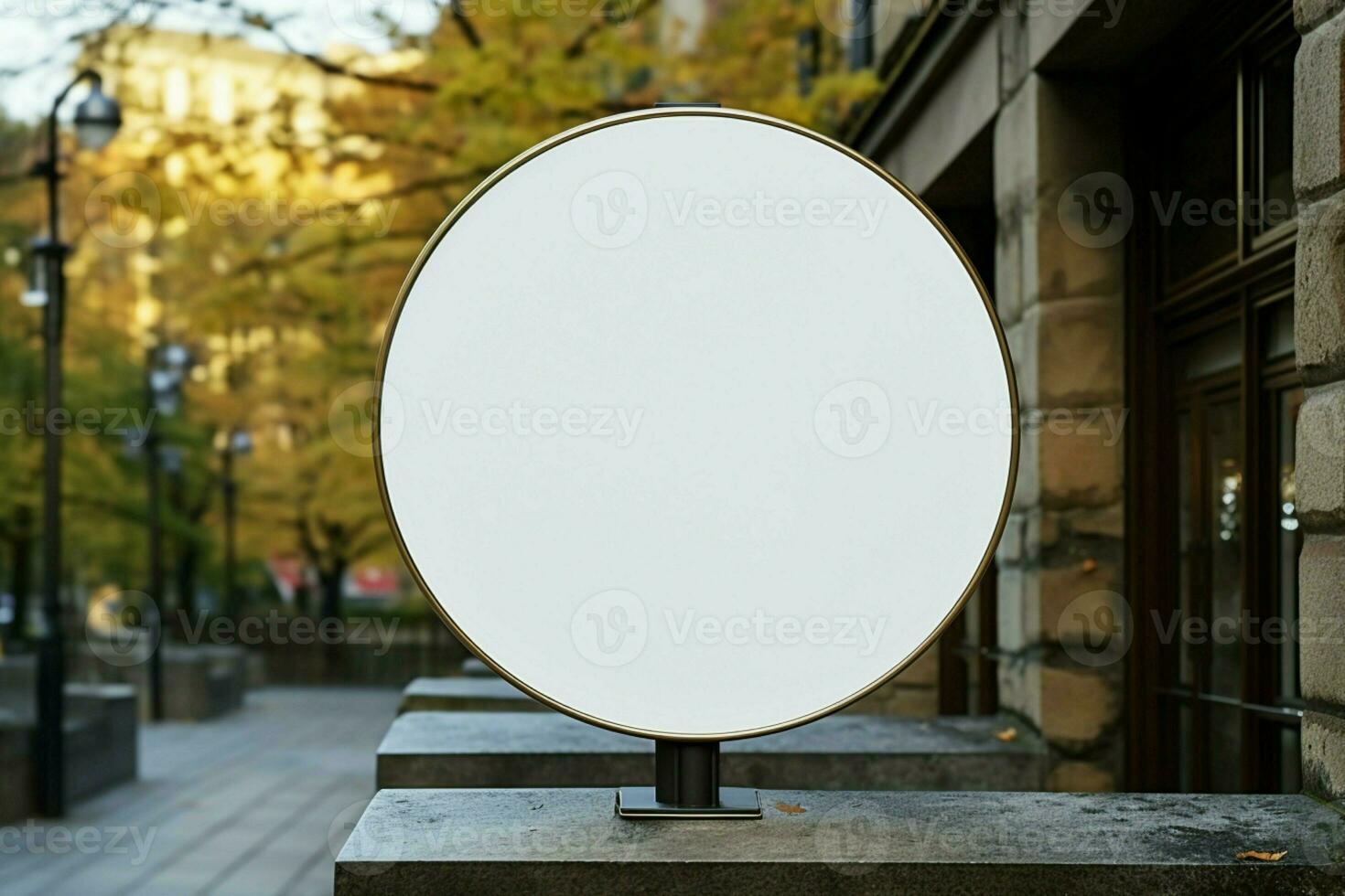 AI generated Company branding in focus with a round white sign mockup in a country city AI Generated photo