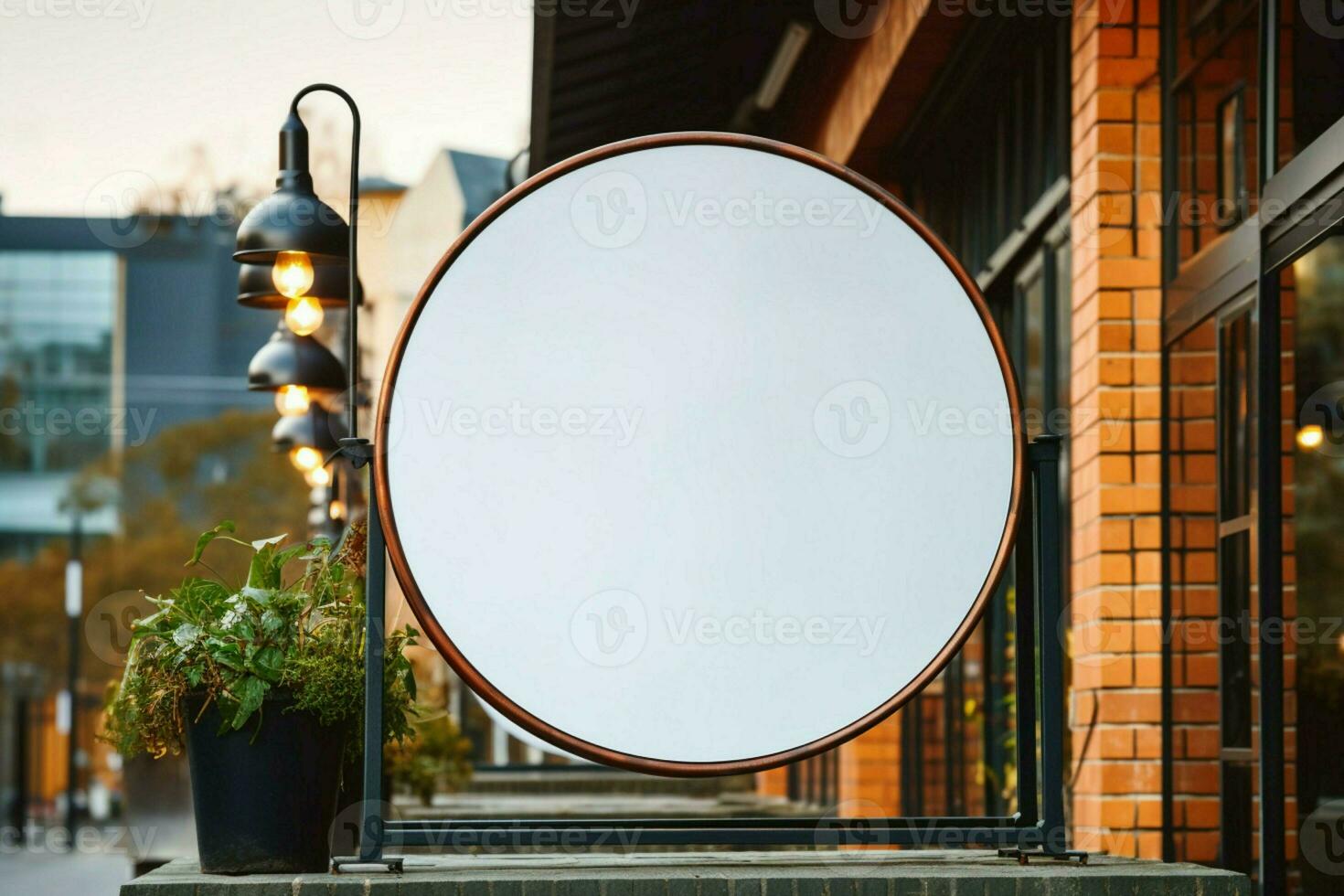 AI generated Company branding in focus with a round white sign mockup in a country city AI Generated photo