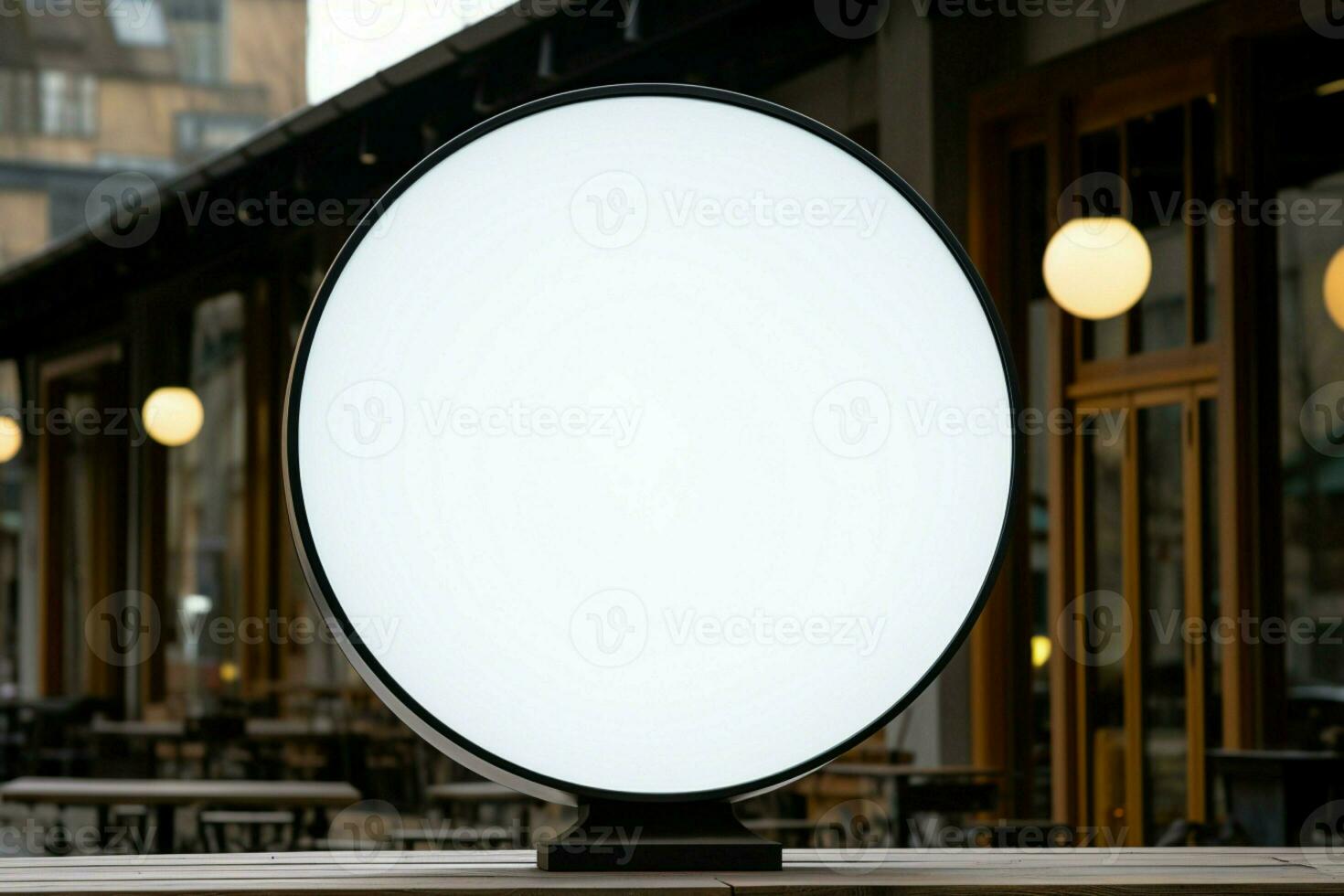 AI generated Company branding in focus with a round white sign mockup in a country city AI Generated photo