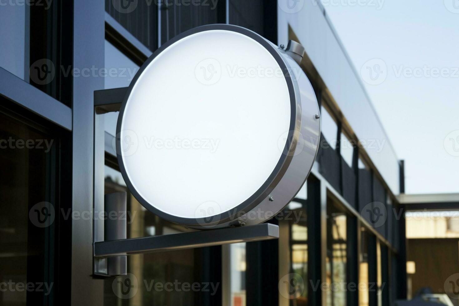 AI generated Company branding in focus with a round white sign mockup in a country city AI Generated photo