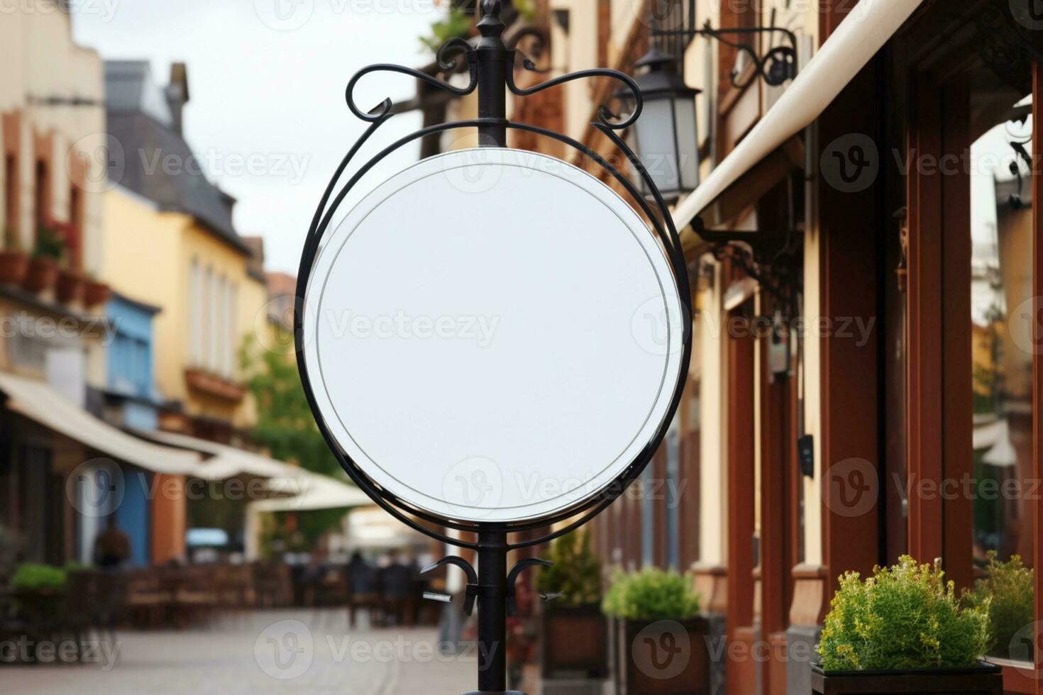 AI generated Company branding in focus with a round white sign mockup in a country city AI Generated photo