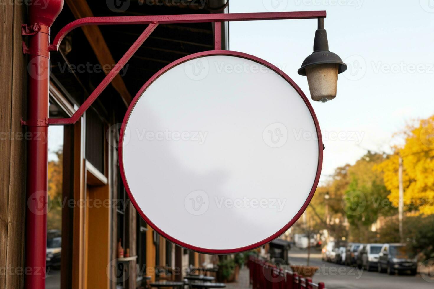 AI generated Company branding in focus with a round white sign mockup in a country city AI Generated photo