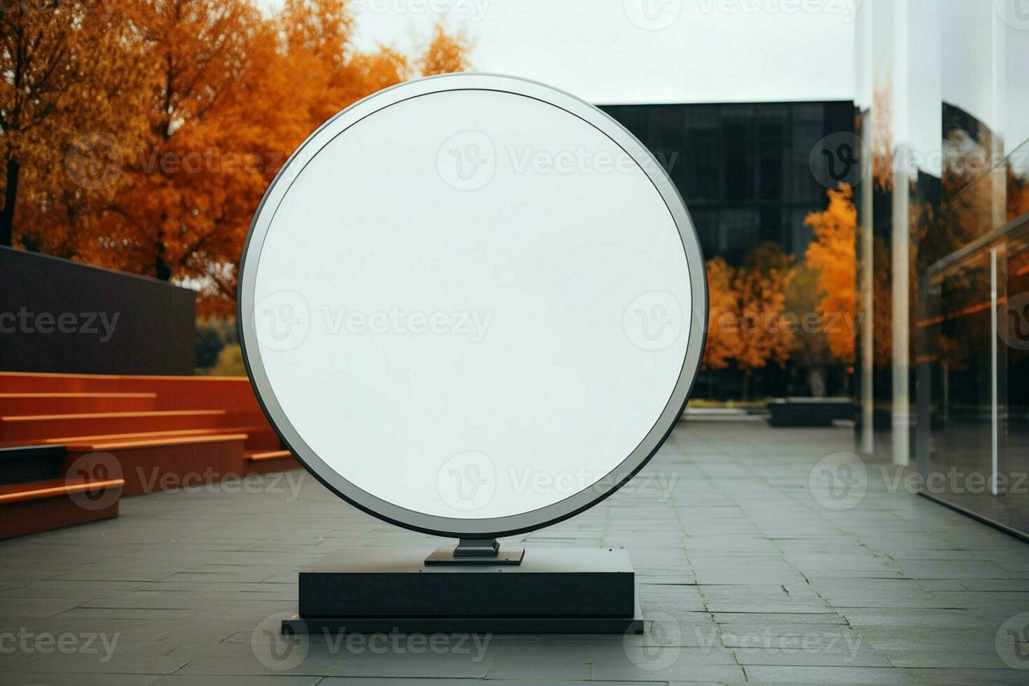 AI generated Company branding in focus with a round white sign mockup in a country city AI Generated photo