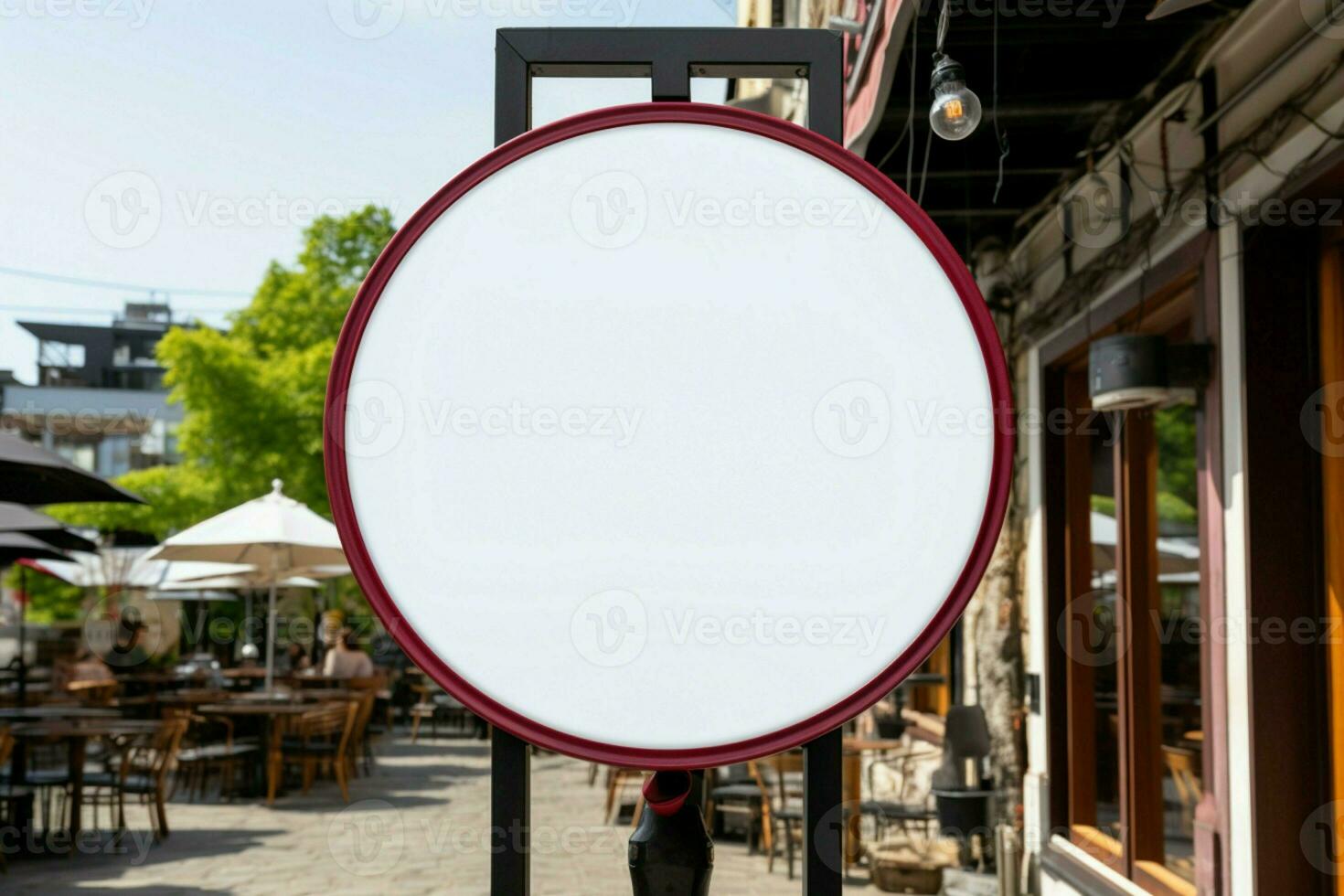 AI generated Company branding in focus with a round white sign mockup in a country city AI Generated photo