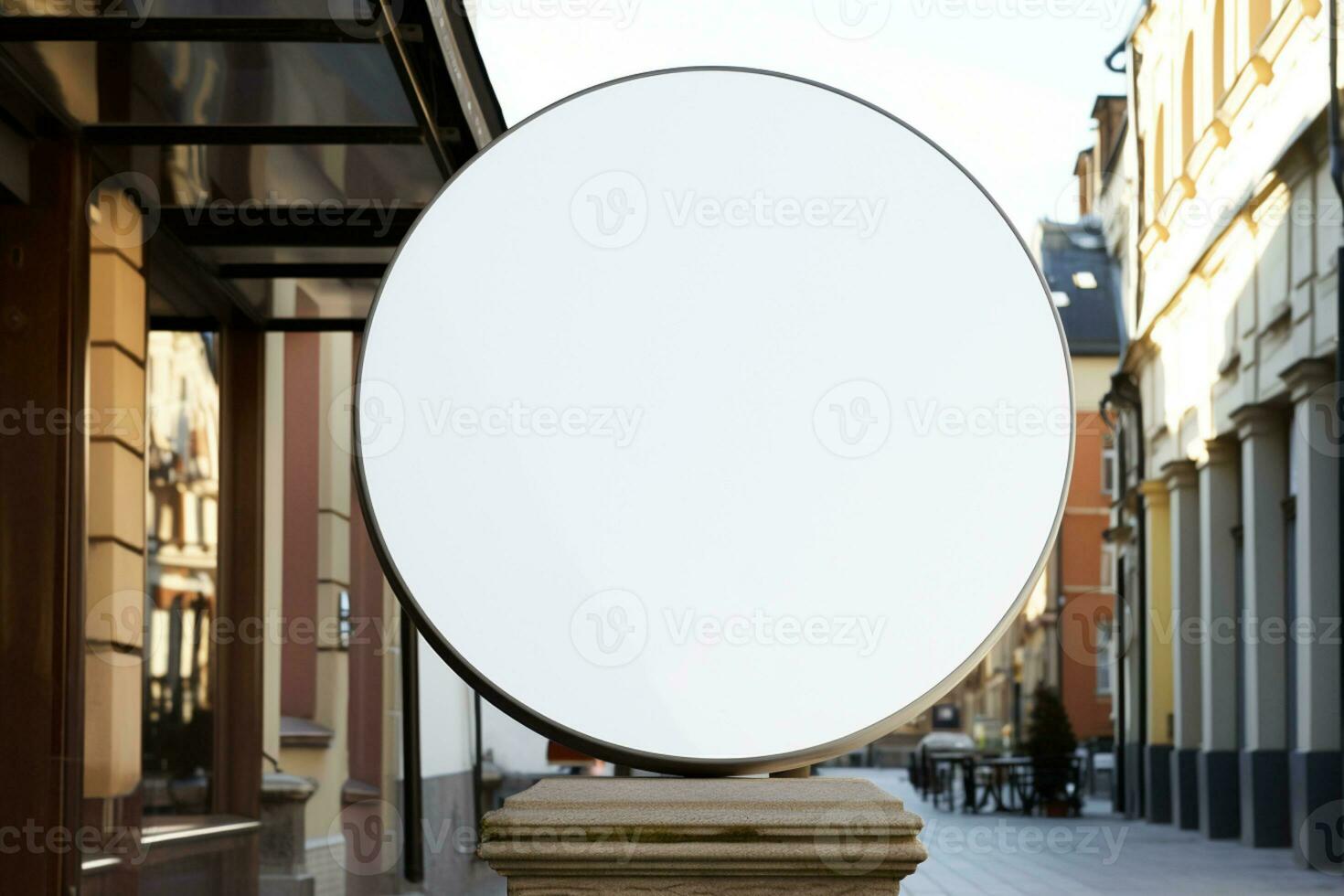 AI generated Company branding in focus with a round white sign mockup in a country city AI Generated photo