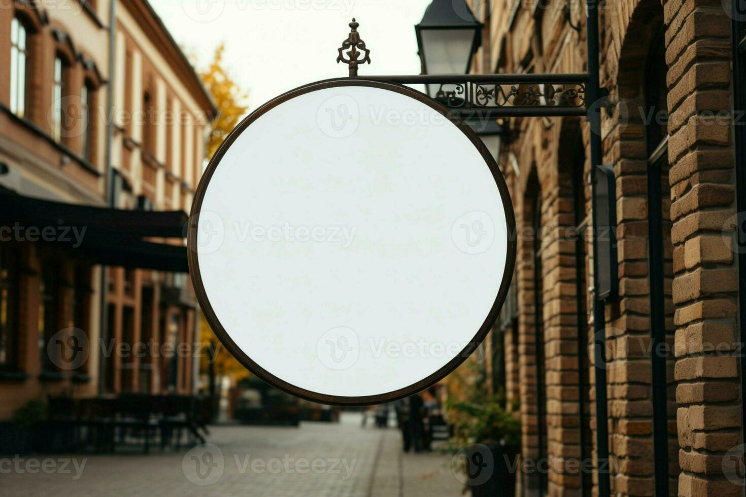 AI generated Company branding in focus with a round white sign mockup in a country city AI Generated photo