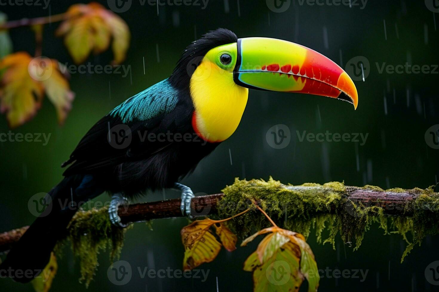 AI generated Keel billed Toucan perched on a forest branch in Panamas lush greenery AI Generated photo