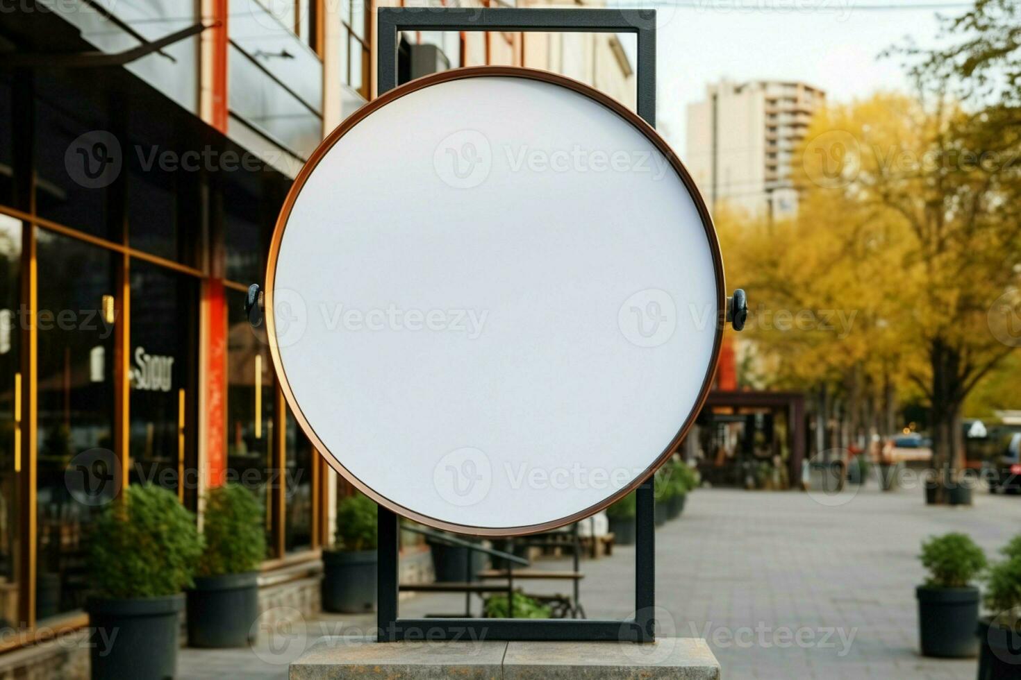 AI generated Company branding in focus with a round white sign mockup in a country city AI Generated photo