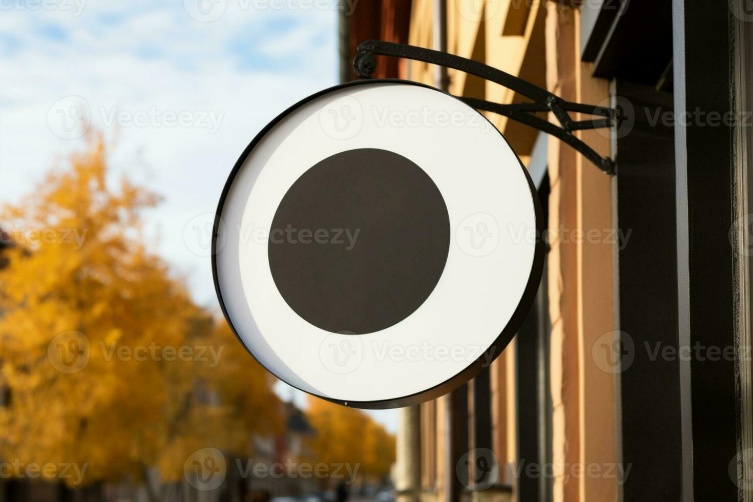 AI generated Company branding in focus with a round white sign mockup in a country city AI Generated photo