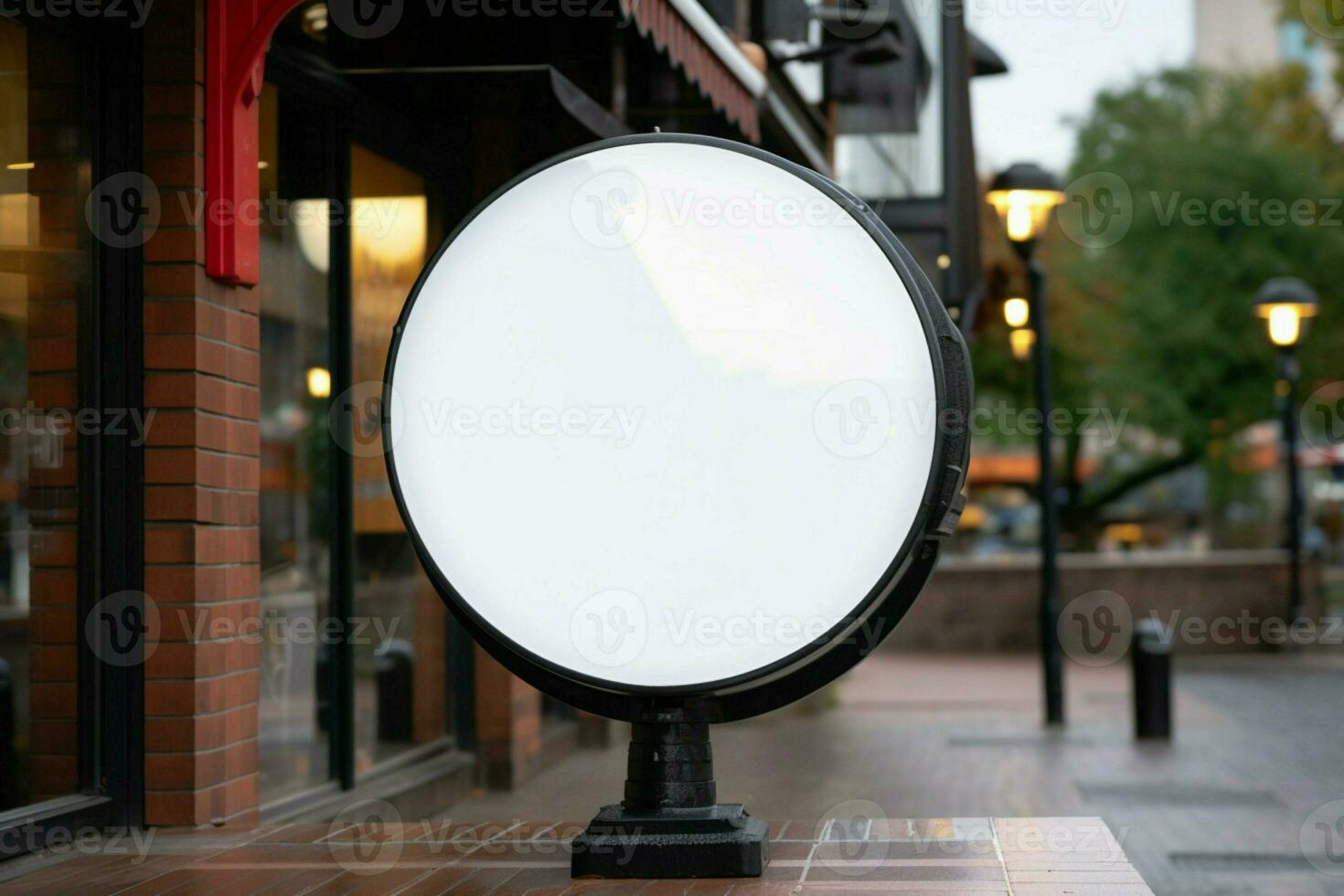 AI generated Company branding in focus with a round white sign mockup in a country city AI Generated photo