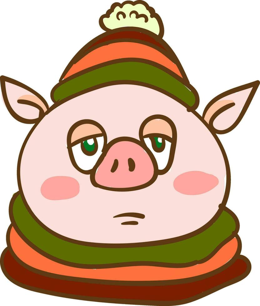 Pig covered in colorful warm clothes vector or color illustration