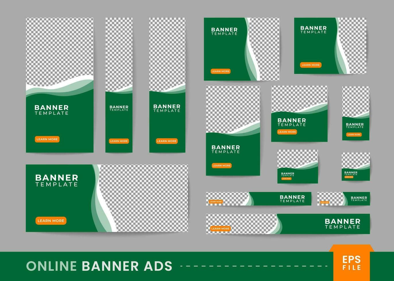 Online banner ads set with green and white color combination. Multiple size banner ads. Suitable for online business promotion vector