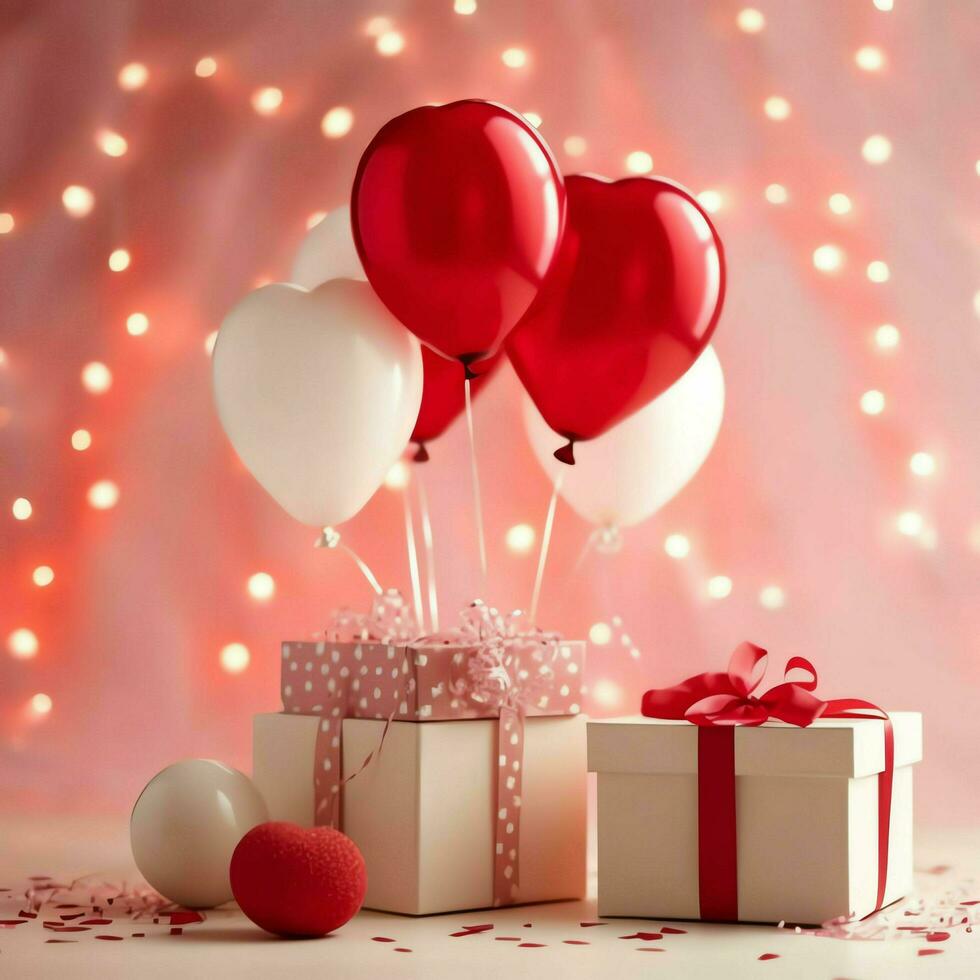 Happy valentine's day concept with red gift box and heart  shaped balloons romantic banner love concept by AI Generated photo