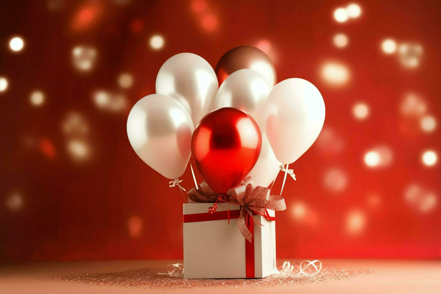 Happy valentine's day concept with red gift box and heart  shaped balloons romantic banner love concept by AI Generated photo