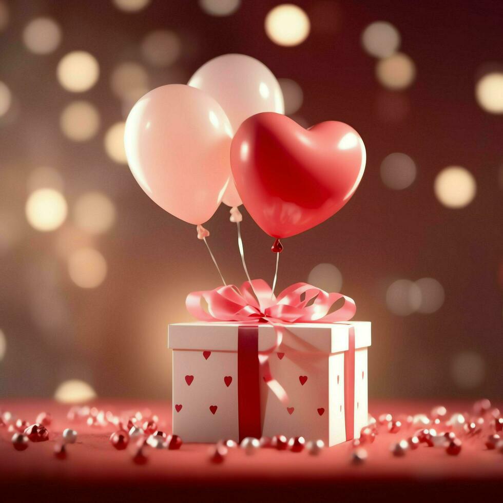 Happy valentine's day concept with red gift box and heart  shaped balloons romantic banner love concept by AI Generated photo