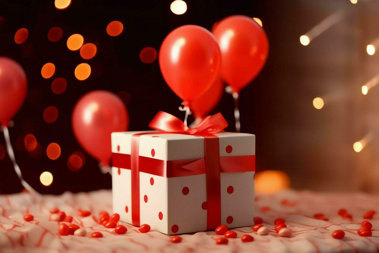 Happy valentine's day concept with red gift box and heart  shaped balloons romantic banner love concept by AI Generated photo