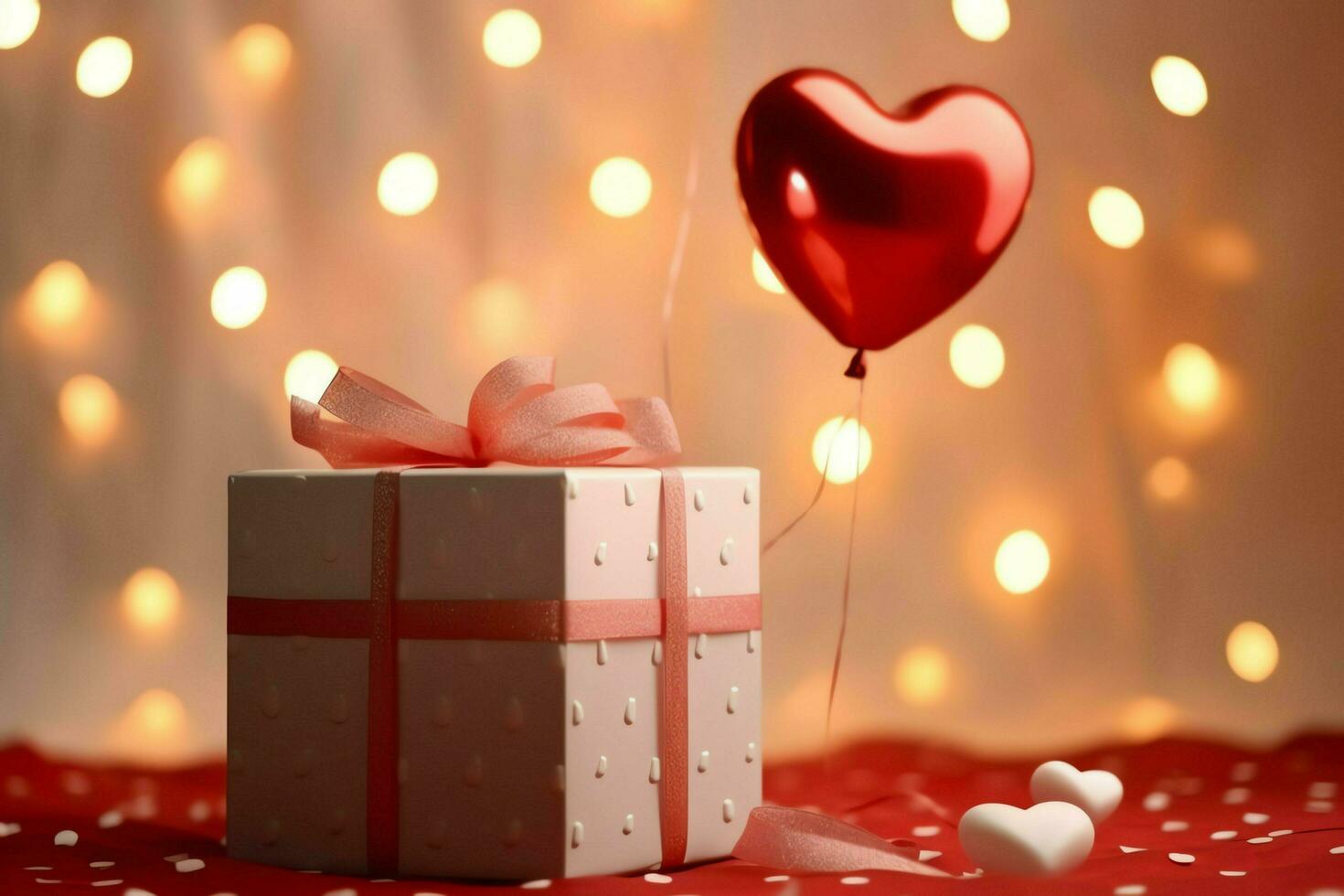 Happy valentine's day concept with red gift box and heart  shaped balloons romantic banner love concept by AI Generated photo