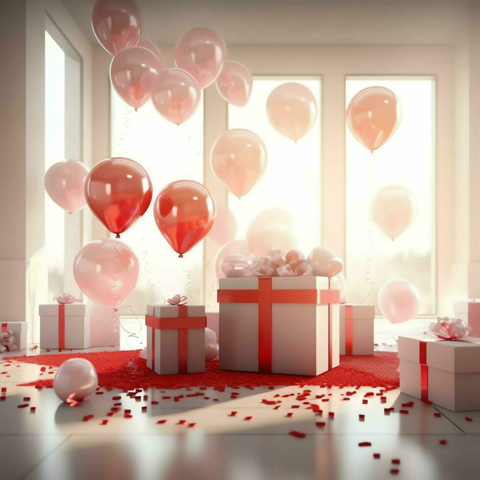 Happy valentine's day concept with red gift box and heart  shaped balloons romantic banner love concept by AI Generated photo