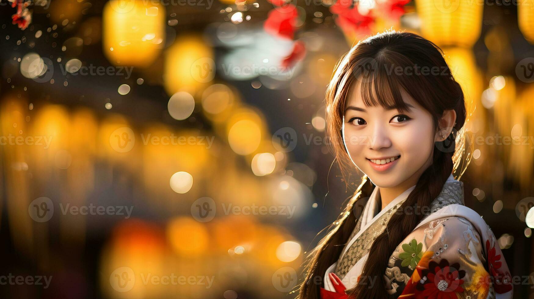 AI generated Japanese Woman Wearing Kimono Dress in Christmas Festival at Night AI Generative photo
