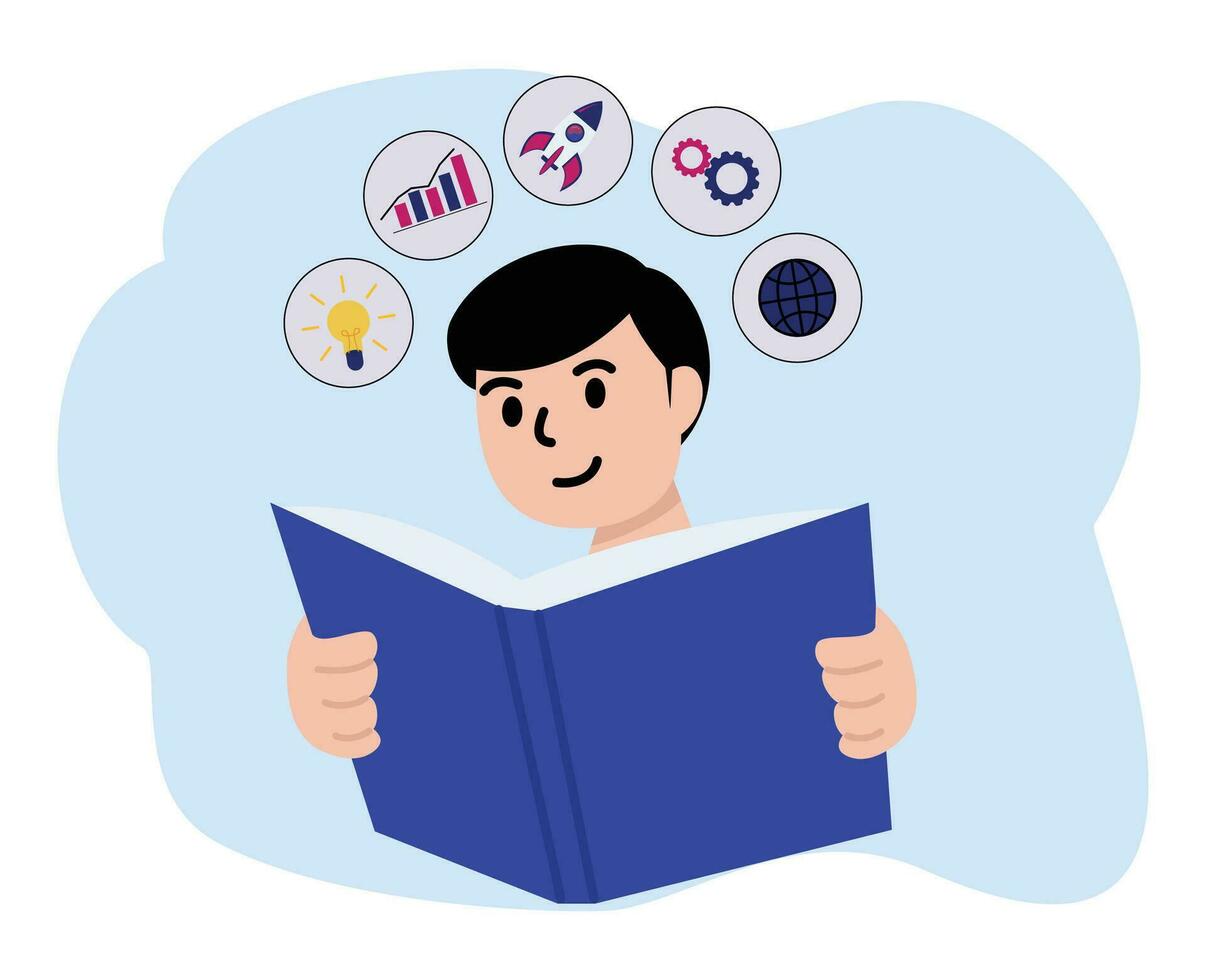 a boy is reading a book thinking about ideas and getting various information vector