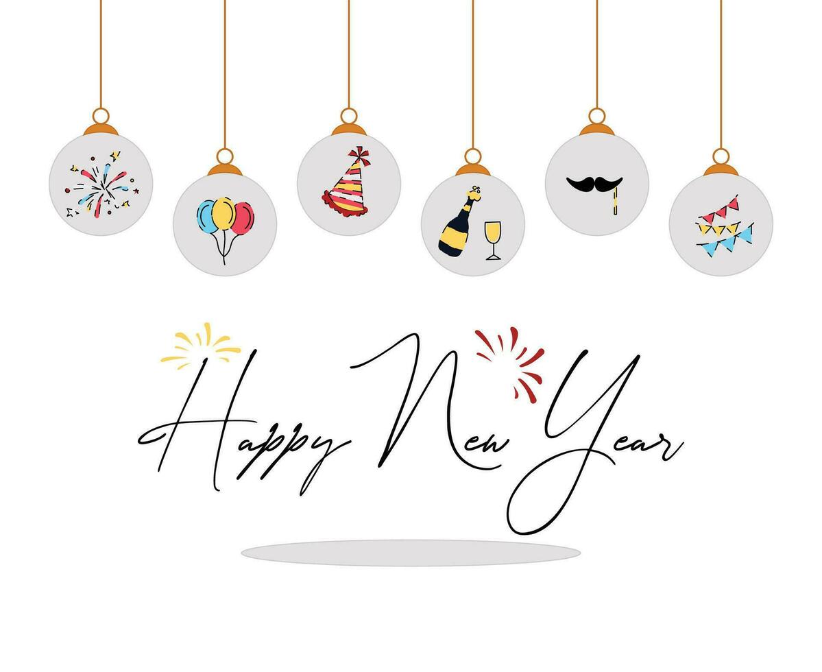 flat new year background with hanging ball decoration vector