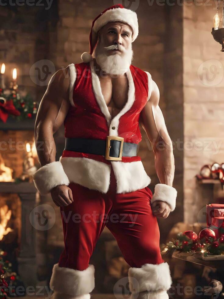 ai generado muscular Papa Noel claus en un acogedor hogar con Navidad decoraciones foto