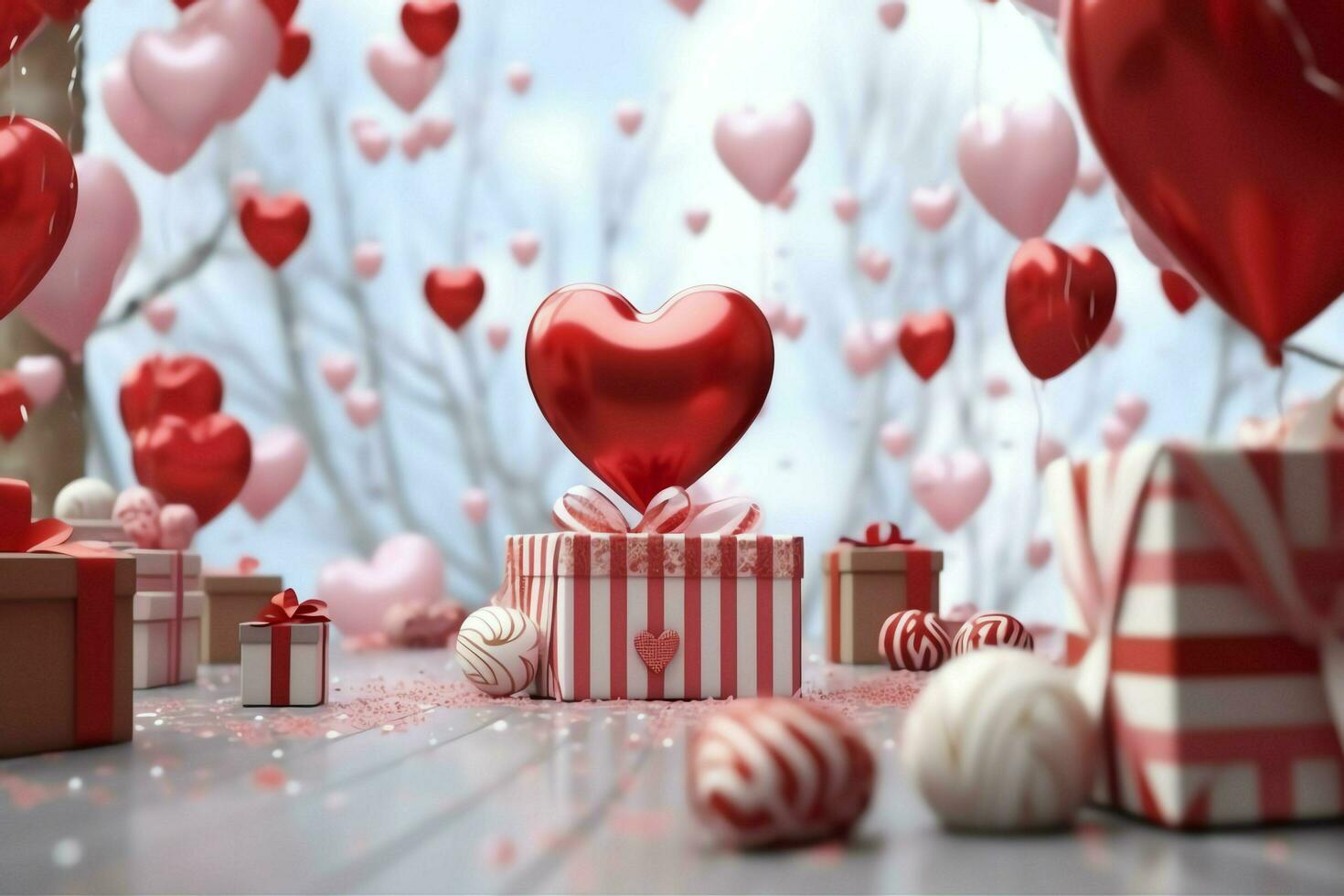 Happy valentine's day concept with red gift box and heart  shaped balloons romantic banner love concept by AI Generated photo