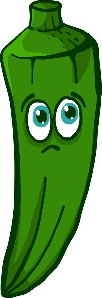 Sad green okra with green eyes, illustration, vector on white background