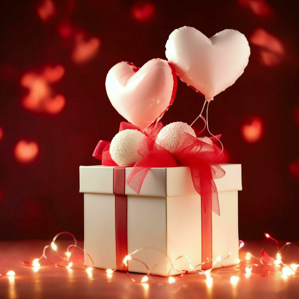 contento San Valentín día concepto con rojo regalo caja y corazón conformado globos romántico bandera amor concepto por ai generado foto