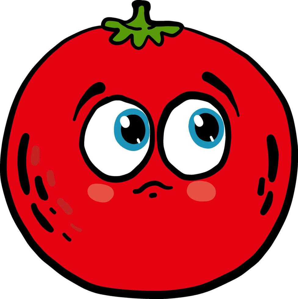 Sad tomato with blue eyes, illustration, vector on white background