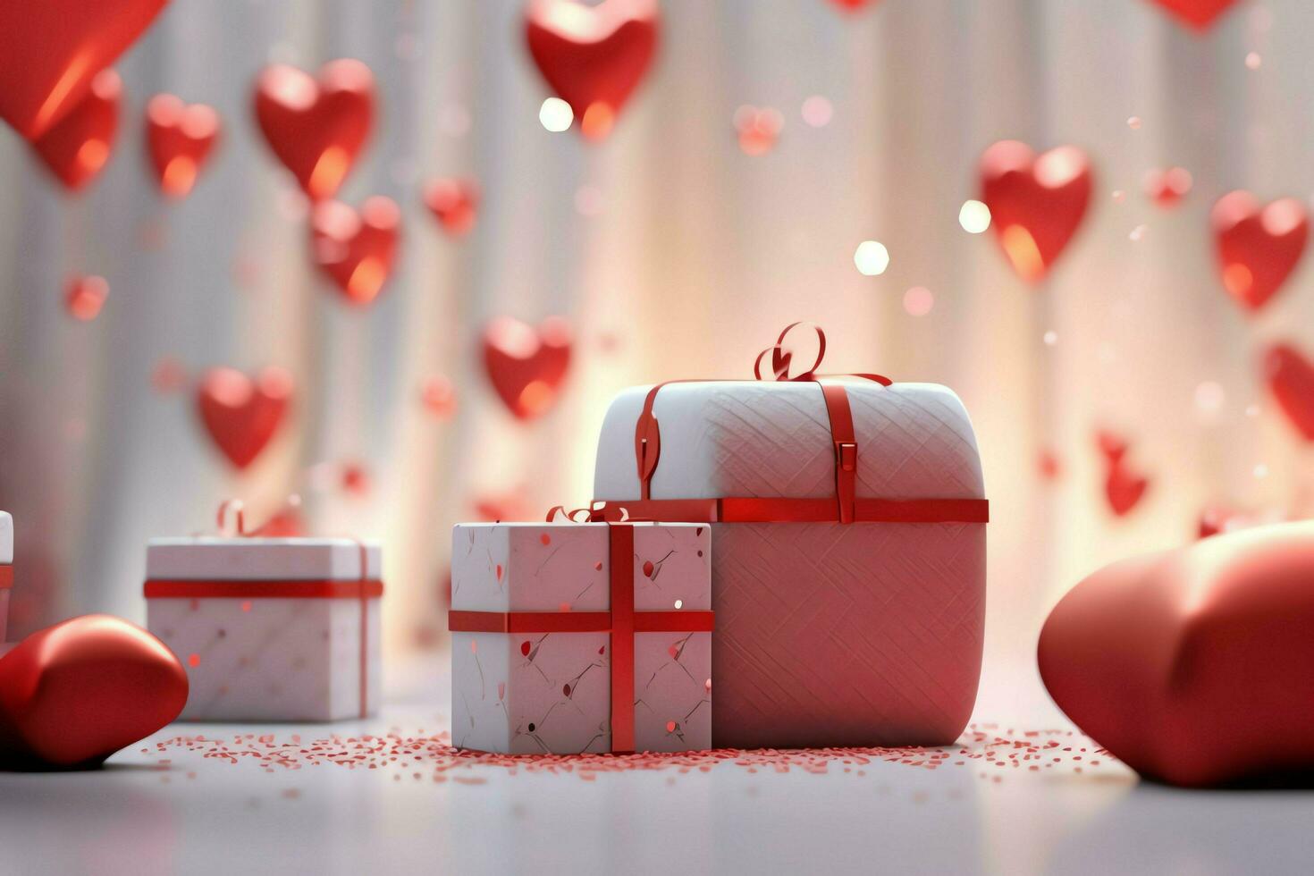 Happy valentine's day concept with red gift box and heart  shaped balloons romantic banner love concept by AI Generated photo