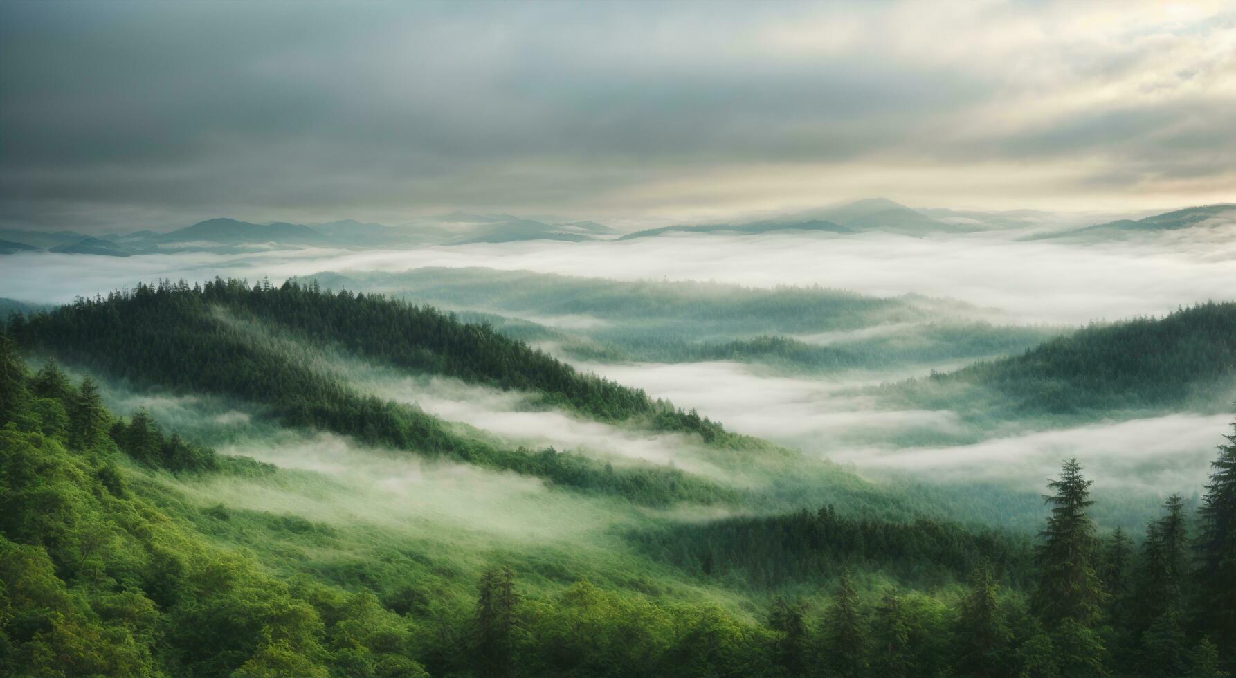 AI generated Landscape of Misty Green Forest. Fog with Beautiful Natural Scenery. Soft Texture Forest Illustration photo