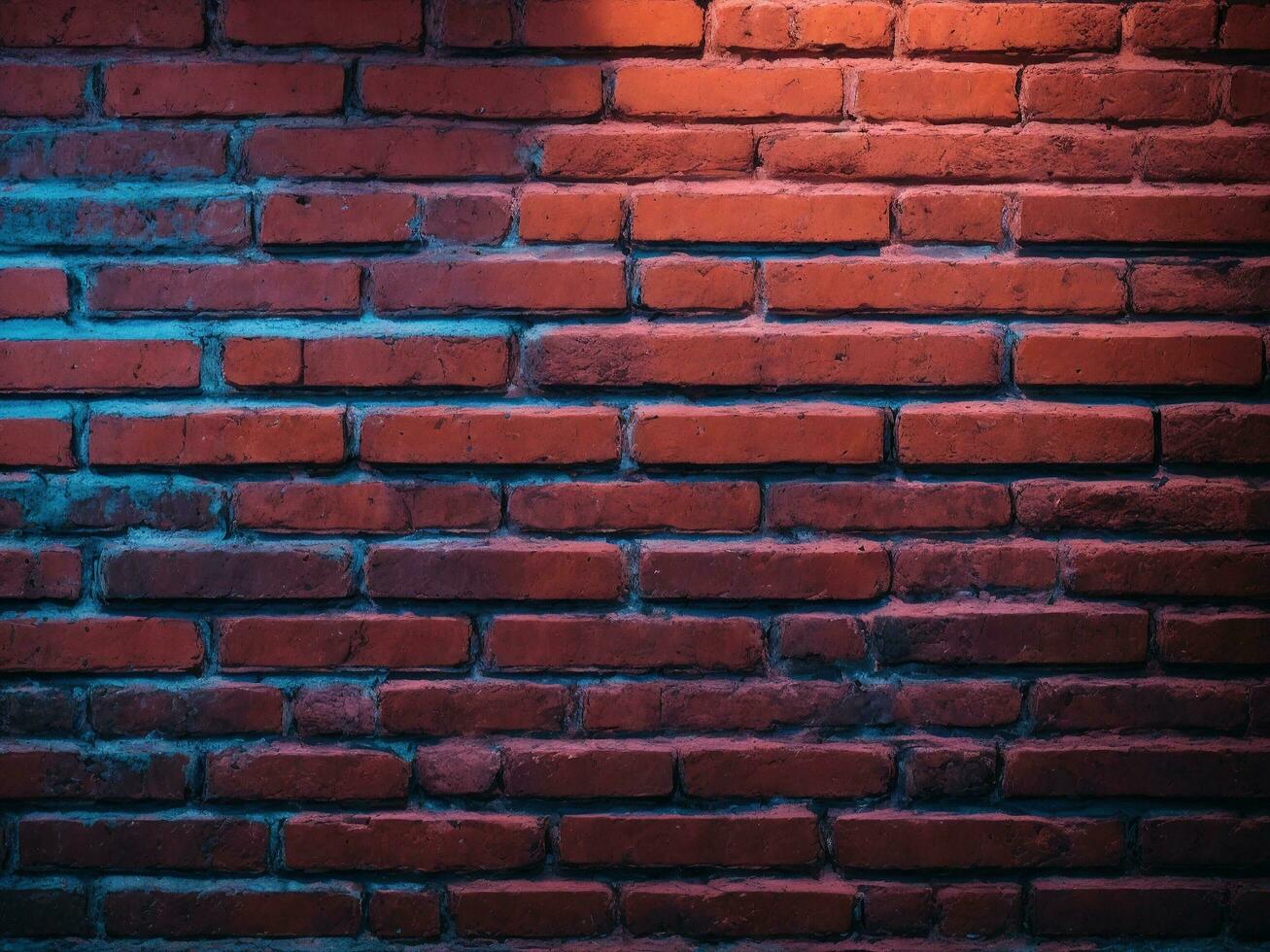 AI generated Red Brick Walls with Blue Neon Light. Lighting Effect on Empty Brick Wall Texture Background photo