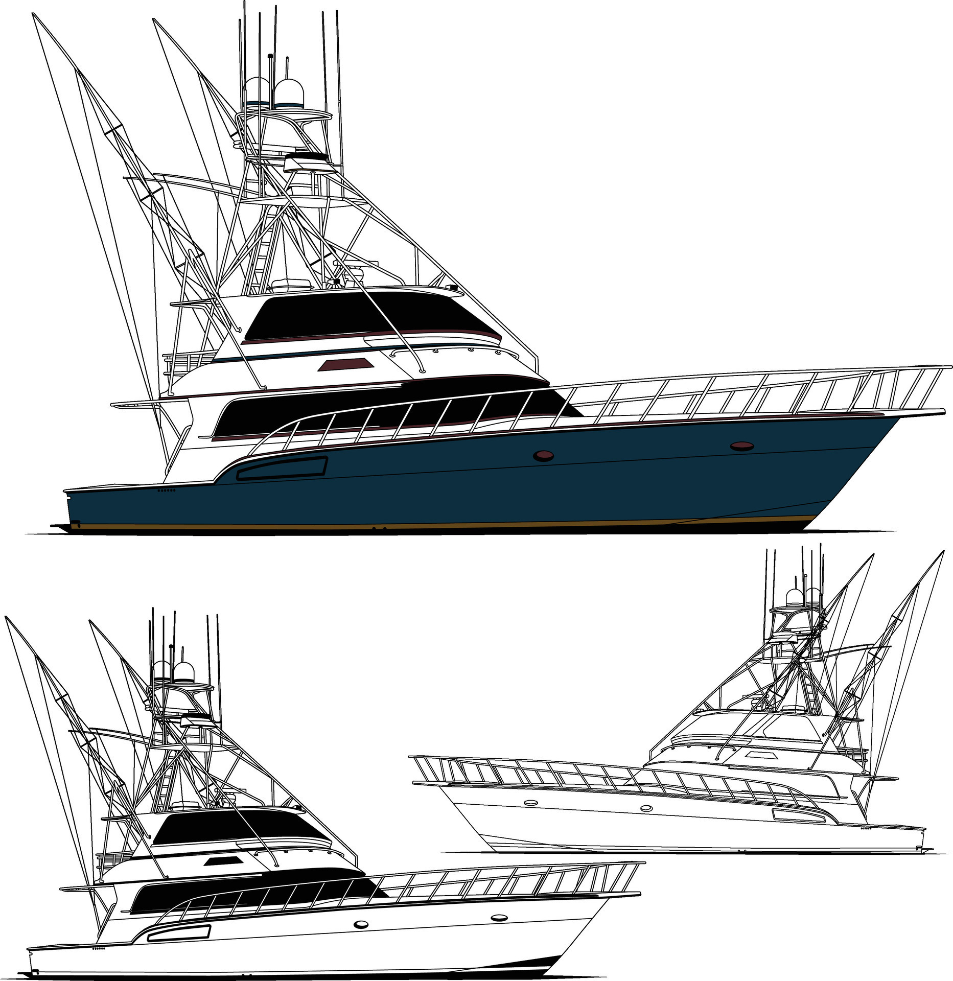 Sport fishing boat vector line art illustration and one-color