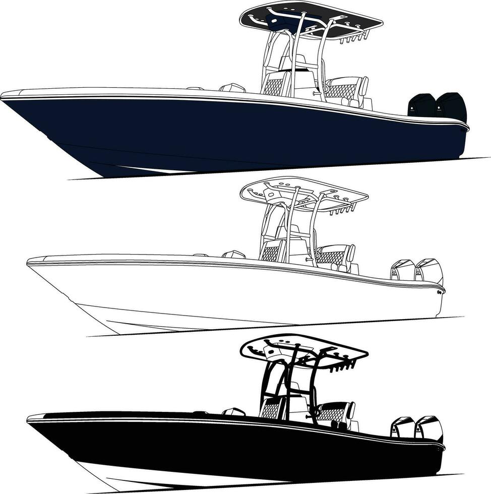 High quality side view fishing boat vector line art illustration and one color.