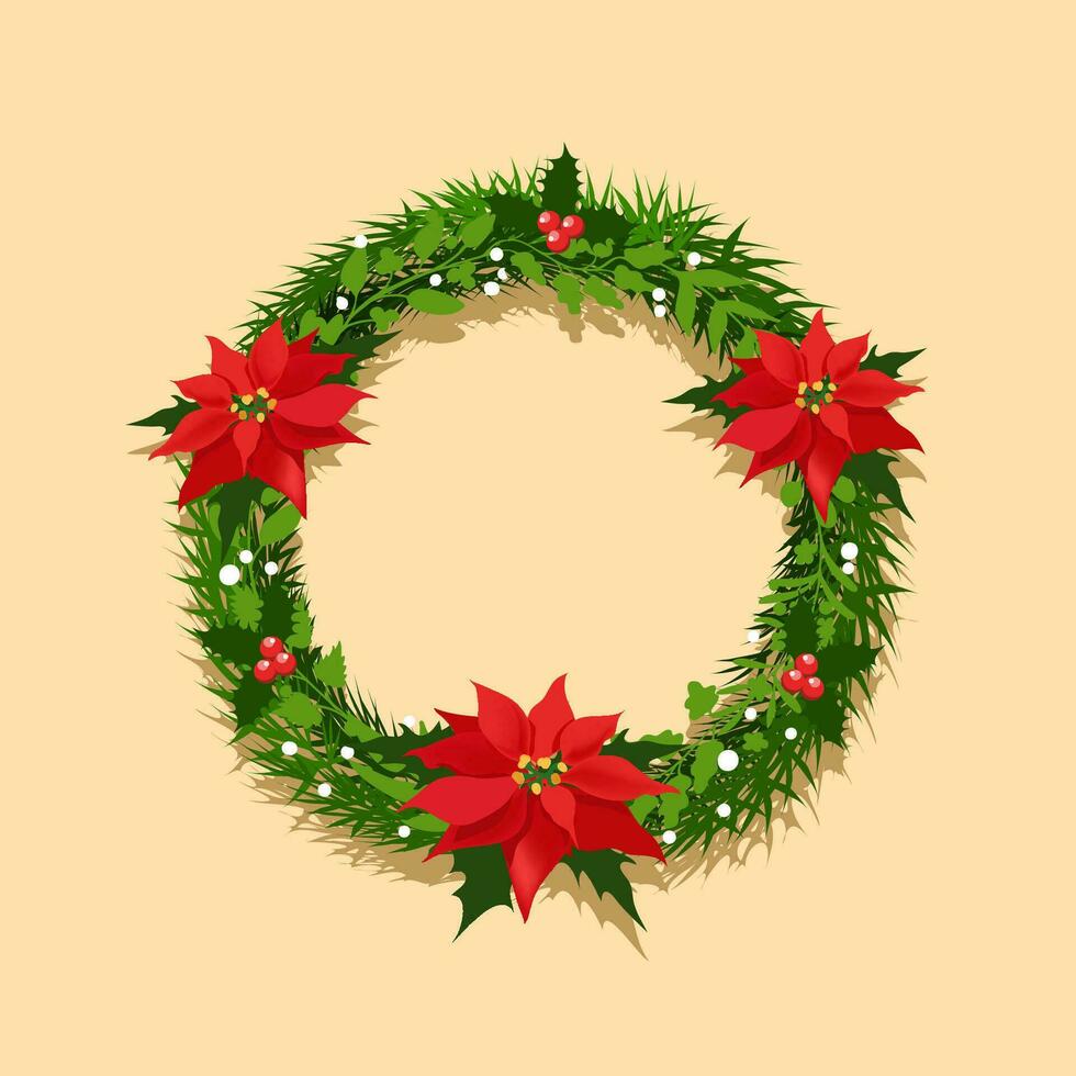 Christmas wreath of poinsettia, holly and pine vector