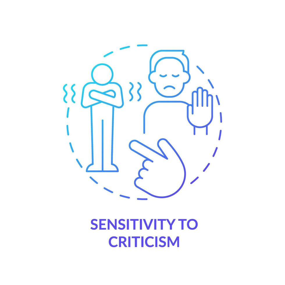 2D thin line gradient icon sensitivity to criticism concept, isolated vector, blue illustration representing codependent relationship. vector
